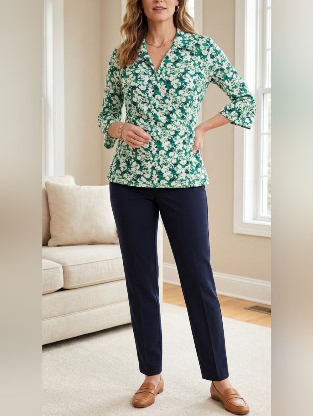 Talbots Green Floral Faux Wrap Blouse Sz. 14